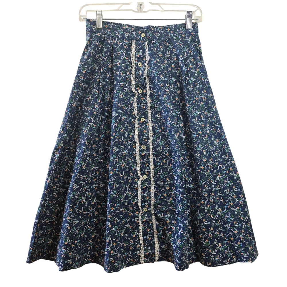 Vintage Prairie Skirt Byer California Small Floral Midi Blue Lace Trim Buttons